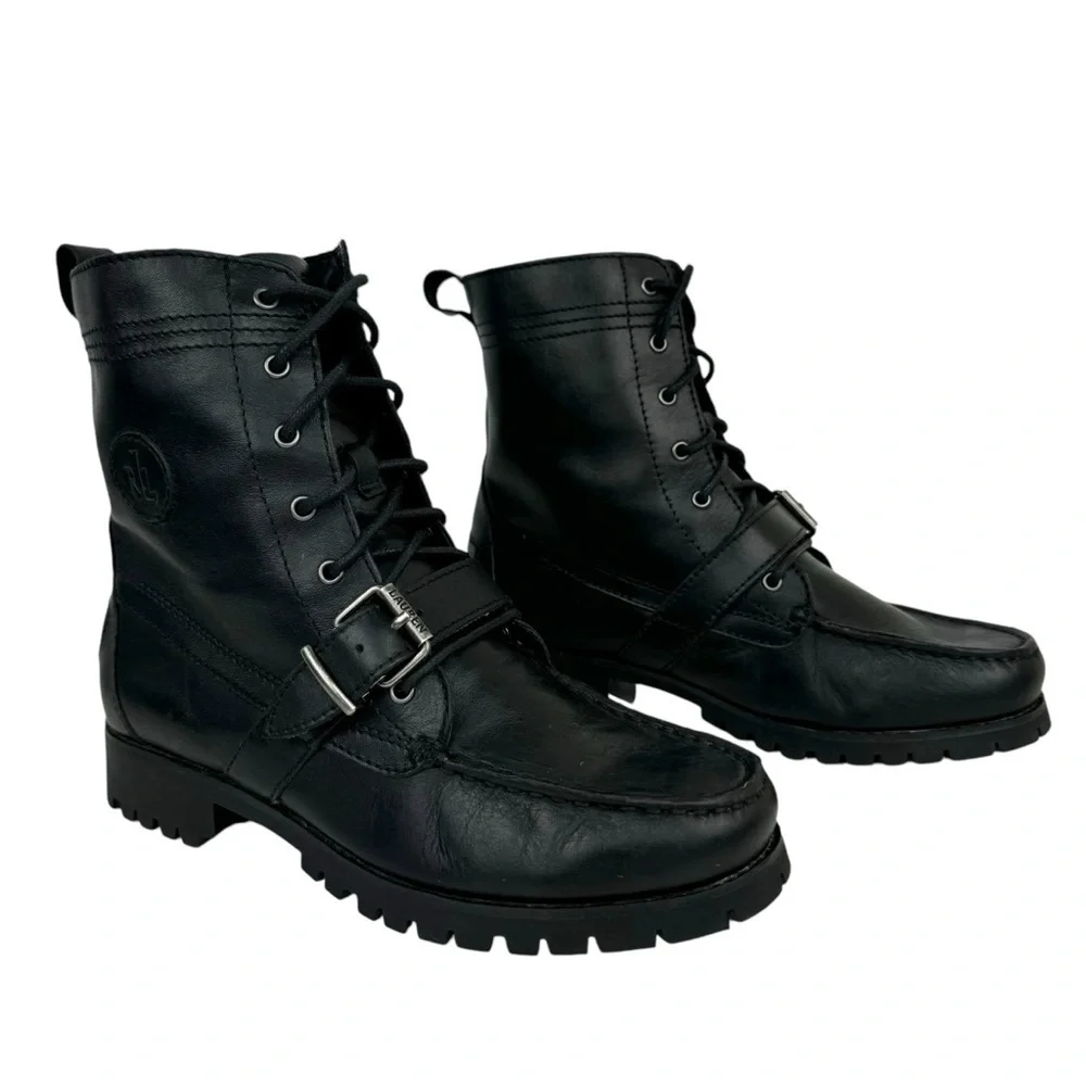 Lauren Ralph Lauren Zera Leather Lace Up Ankle Boots Black Buckle Womens Size 7B